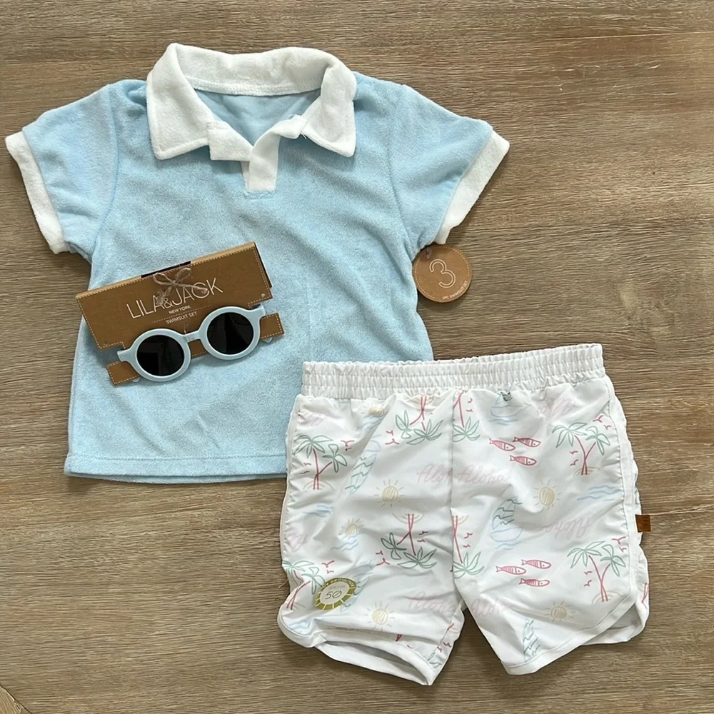 Lila & Jack Toddler Boy Swim 3 Piece Set Shirt Trunks Sunglasses 18 months 3T 4T